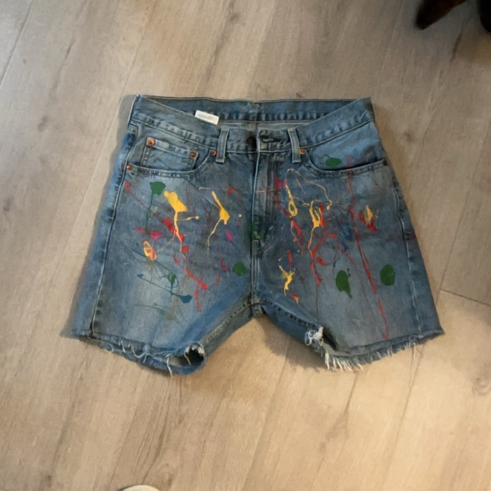 Levi's Blue and Red Jean Shorts with Distressed Paint Splatter
